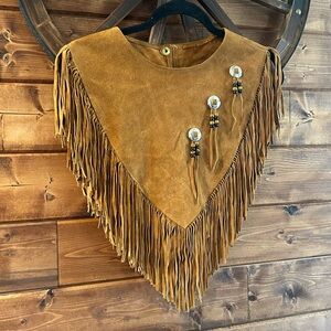 Fringed Suede Leather Western Shawl Cape